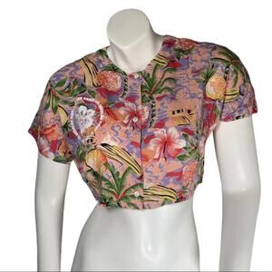 LF crop top Small Hawaiian floral button front short sleeve NWT